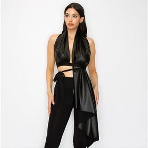 ‎Black Faux leather top pants set
